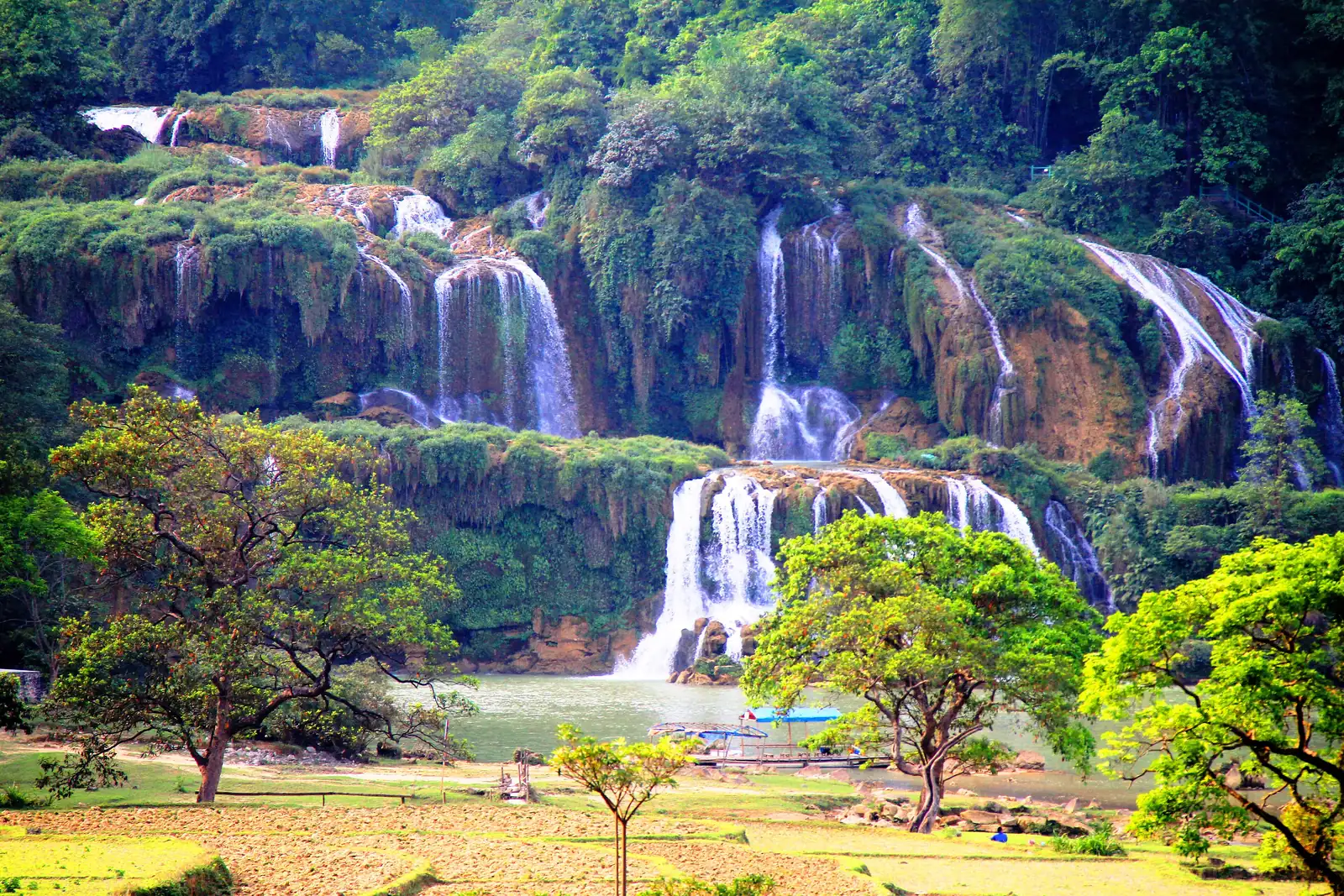 Ban Gioc-fossen med flere fosseterrasser omgitt av grønn skog i Cao Bang