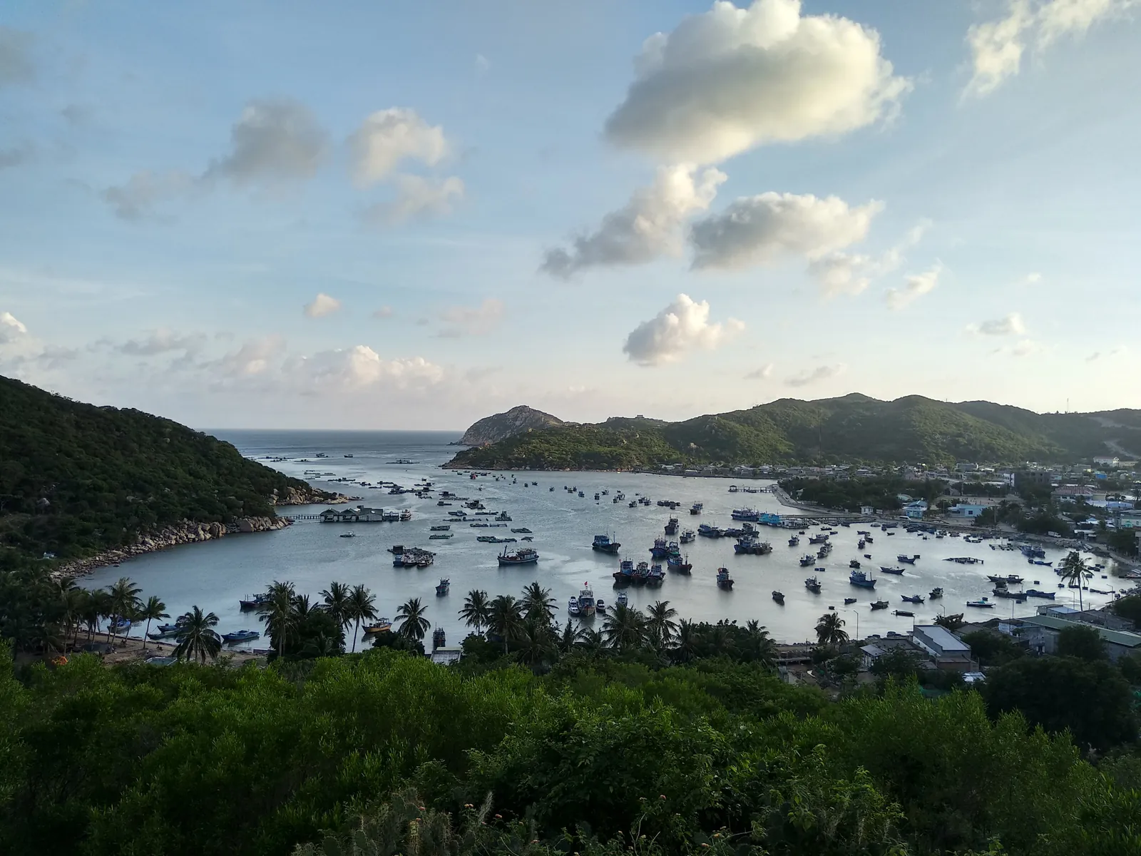 Fiskebåter ankret i Vinh Hy-bukta omkranset av grønne åser i Ninh Thuan