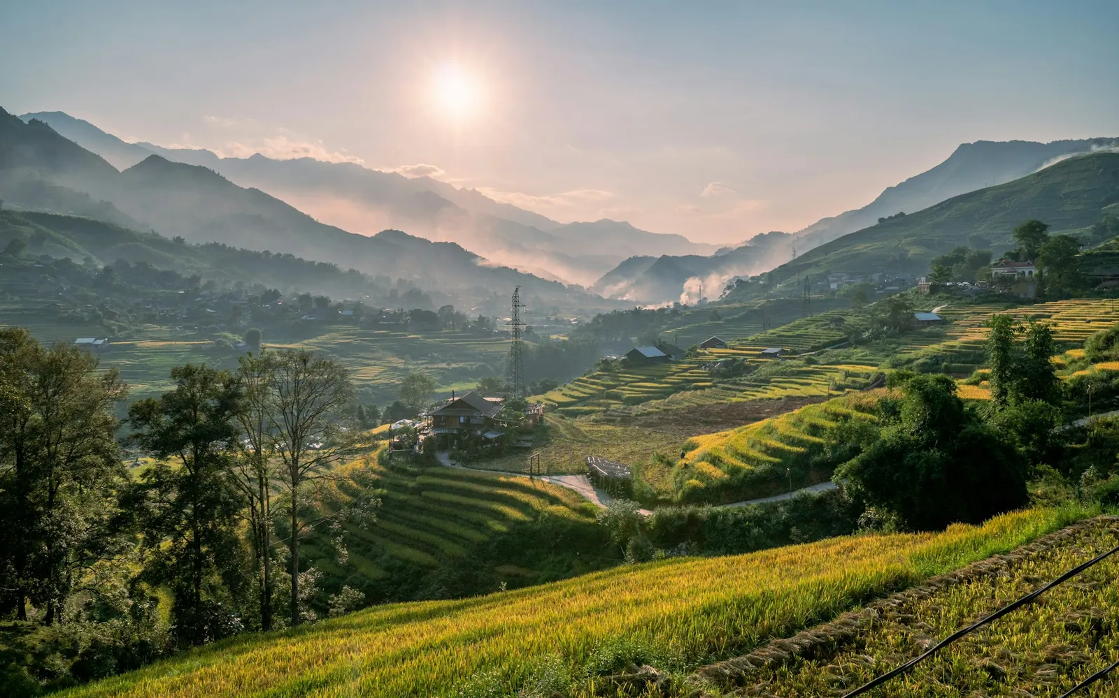 Morgensol over Muong Hoa-dalen med risterrasser og tåkehetter i fjellene ved Sapa