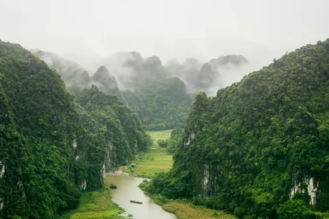 Elv mellom tåkehengte kalksteinsfjell og grønne skoger ved Ninh Binh